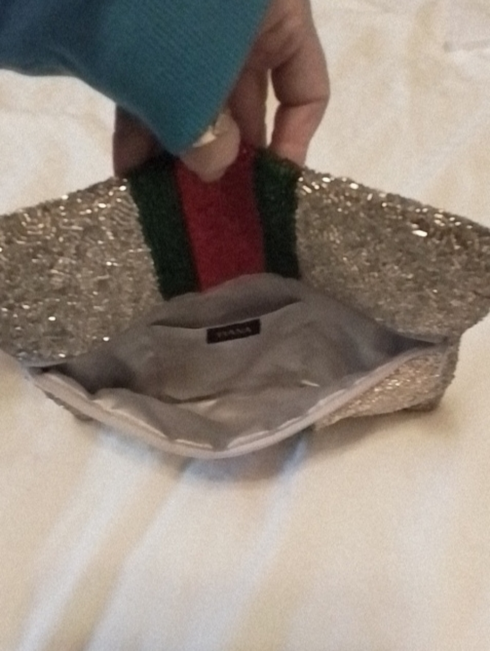 Tiana Hand Beaded Metallic Silver Clutch Bag Green Red Silver - Picture 12 of 12